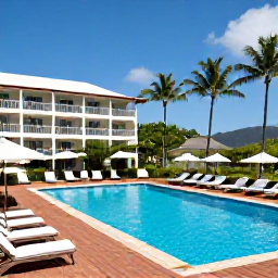 Caribbean Holidays, Montserrat June Holidays, Comfortable all-inclusive resort in Montserrat with a swimming pool, palm trees and guests relaxing in the sunshine