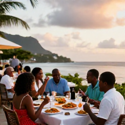 Caribbean Holidays, Montserrat June Holidays, Friendly evening dining scene in Montserrat with Caribbean food, soft sunset light and relaxed holiday guests