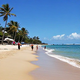 Caribbean Holidays, Montserrat June Holidays, Snorkellers and swimmers enjoying a calm golden beach in Montserrat during June, with palm trees and gentle Caribbean waves