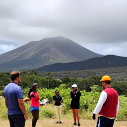 Caribbean Holidays, Montserrat June Holidays, Visitors exploring Montserrat's volcanic landscape near Soufriere Hills, with green vegetation, a mountain backdrop and an expert guide