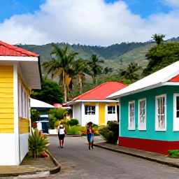 Caribbean Holidays, Montserrat June Holidays, Visitors walking through a colourful Montserrat village in June, with local buildings, tropical plants and friendly island atmosphere