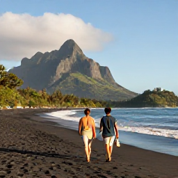 Caribbean Holidays, Montserrat Luxury, Couple walking on a quiet black sand beach in Montserrat during a sunny December afternoon