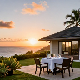 Caribbean Holidays, Montserrat Luxury, Elegant Montserrat villa terrace overlooking the Caribbean Sea, sunset dining and tropical garden