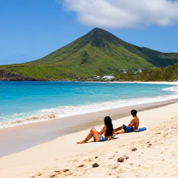 Caribbean Holidays, Montserrat Luxury Holidays, A couple relaxing on a quiet Montserrat beach with volcanic sand, turquoise water and green hills in the background