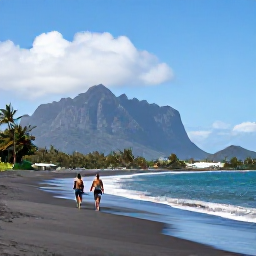 Caribbean Holidays, Montserrat Luxury Holidays, A couple walking along a quiet black sand beach on Montserrat beneath a bright June sky