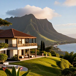 Caribbean Holidays, Montserrat Luxury Holidays, A luxurious hillside villa overlooking the Caribbean Sea and Montserrat's green volcanic landscape in warm August sunshine