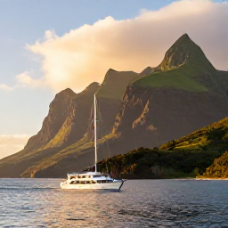 Caribbean Holidays, Montserrat Luxury Holidays, A private boat cruising along Montserrat&rsquo;s volcanic coastline at sunset, with calm Caribbean water and rugged green cliffs