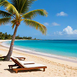 Caribbean Holidays, Montserrat Luxury Holidays, A quiet golden beach on Montserrat with turquoise water, palm trees and two luxury loungers in the November sunshine