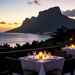Caribbean Holidays, Montserrat Luxury Holidays, A refined Caribbean dinner on a candlelit terrace overlooking Montserrat's coastline at sunset