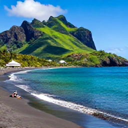 Caribbean Holidays, Montserrat Luxury Holidays, A secluded black sand beach on Montserrat with clear Caribbean water, green hills and a couple relaxing near the shoreline