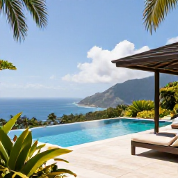 Caribbean Holidays, Montserrat Luxury Holidays, An elegant boutique villa terrace in Montserrat with an infinity pool, tropical planting and views towards the Caribbean coastline