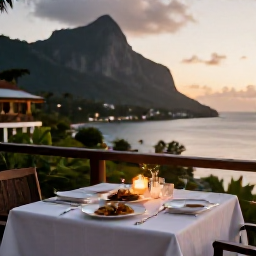 Caribbean Holidays, Montserrat Luxury Holidays, An elegant Caribbean dinner setting on a villa terrace at sunset, with local dishes, candles and a view of Montserrat's coastline
