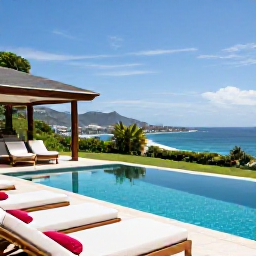 Caribbean Holidays, Montserrat Luxury Holidays, An elegant luxury villa terrace with a private pool, comfortable loungers and sweeping views across Montserrat's coast