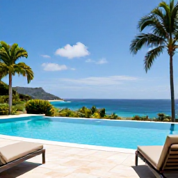 Caribbean Holidays, Montserrat Luxury Holidays, An elegant private villa terrace with an infinity pool, sea views and tropical gardens on Montserrat