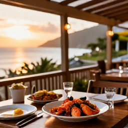 Caribbean Holidays, Montserrat Luxury Holidays, An intimate Caribbean restaurant in Montserrat serving fresh seafood and local dishes at sunset, with warm outdoor lighting