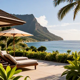 Caribbean Holidays, Montserrat Luxury Holidays, Elegant luxury villa terrace overlooking the Caribbean Sea and lush Montserrat hills in warm May sunshine