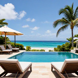 Caribbean Holidays, Montserrat Luxury Holidays, Elegant Montserrat villa terrace with private pool, comfortable loungers and tropical garden overlooking the Caribbean Sea
