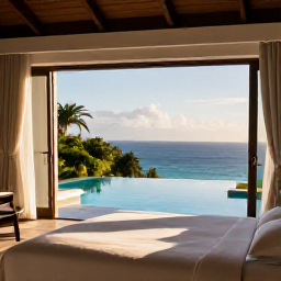 Caribbean Holidays, Montserrat Luxury Holidays, Luxury Montserrat villa bedroom and infinity pool overlooking the Caribbean at golden hour in May