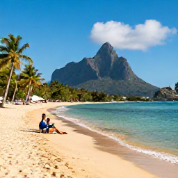Caribbean Holidays, Montserrat Luxury Holidays, Quiet golden beach on Montserrat with clear turquoise water, palm trees and a couple enjoying a private seaside afternoon