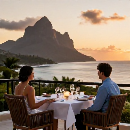 Caribbean Holidays, Montserrat Luxury Holidays, Romantic sunset dinner on a Montserrat terrace with Caribbean sea views, local cuisine and soft evening light