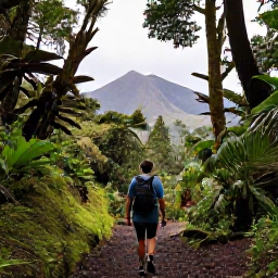 Caribbean Holidays, Montserrat Luxury Holidays, Traveller walking through Montserrat rainforest on a guided trail with volcanic hills and lush vegetation in the background