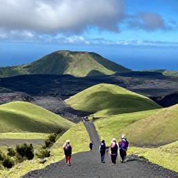 Caribbean Holidays, Montserrat Luxury Holidays, Visitors enjoying a guided volcanic landscape walk near Soufriere Hills, with green slopes, dramatic views and the Caribbean Sea beyond