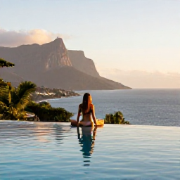 Caribbean Holidays, Montserrat Luxury, Luxury traveller relaxing beside an infinity pool overlooking Montserrat coastline at golden hour