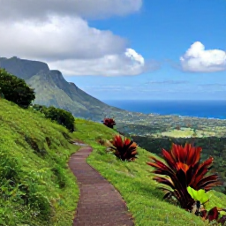 Caribbean Holidays, Montserrat May Holidays, A peaceful Montserrat landscape with a walking trail through lush hills, tropical plants and views towards the sea