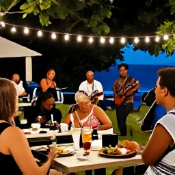 Caribbean Holidays, Montserrat May Holidays, A relaxed Montserrat evening with Caribbean musicians performing outdoors while visitors enjoy local food and drinks