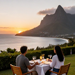 Caribbean Holidays, Montserrat Multi-Country, Couple enjoying a relaxed sunset dinner overlooking Montserrat&rsquo;s Caribbean coastline
