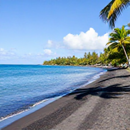 Caribbean Holidays, Montserrat Multi-Country, Quiet Montserrat beach with black volcanic sand, clear turquoise water and palms under a bright Caribbean sky