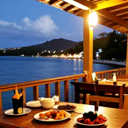 Caribbean Holidays, Montserrat Multi-Country, Relaxed February evening at a Montserrat seaside restaurant, with local food, warm lighting and Caribbean scenery