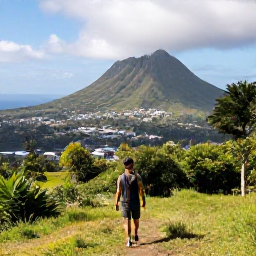 Caribbean Holidays, Montserrat Multi-Country, Traveller walking through Montserrat&rsquo;s lush countryside towards views of Soufri&egrave;re Hills and the Caribbean Sea