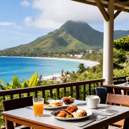 Caribbean Holidays, Montserrat Nature, A relaxed outdoor breakfast at a small Montserrat caf&eacute; overlooking green hills and the Caribbean sea