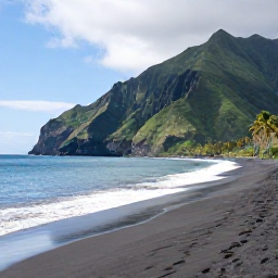 Caribbean Holidays, Montserrat Nature, Black volcanic sand beach on Montserrat with calm Caribbean water, palms and green cliffs