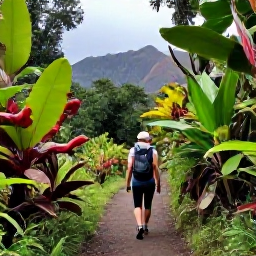 Caribbean Holidays, Montserrat Nature, Hiker exploring lush Montserrat rainforest trail with tropical plants and volcanic hills in the background
