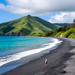 Caribbean Holidays, Montserrat Nature Holidays, A quiet black volcanic sand beach on Montserrat with turquoise water, green hills and a lone visitor exploring the shore