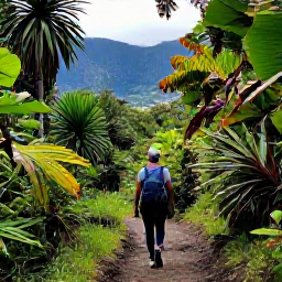 Caribbean Holidays, Montserrat Nature Holidays, Hiker walking through Montserrat rainforest on a marked trail, surrounded by tropical plants and mountain views