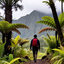 Caribbean Holidays, Montserrat Nature Holidays, Hiker walking through Montserrat rainforest with tropical plants, ferns and mountain scenery