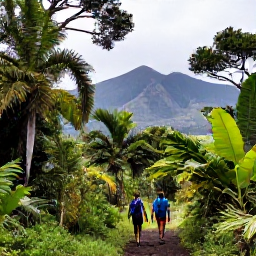 Caribbean Holidays, Montserrat Nature Holidays, Hikers walking through lush tropical forest on Montserrat with volcanic peaks in the distance