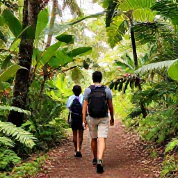 Caribbean Holidays, Montserrat Nature Holidays, Hikers walking through lush tropical woodland on Montserrat beneath soft March sunshine