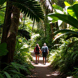 Caribbean Holidays, Montserrat Nature Holidays, Hikers walking through Montserrat's lush Centre Hills rainforest, with broad leaves and filtered sunlight