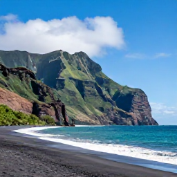 Caribbean Holidays, Montserrat Nature Holidays, Montserrat coastline with black volcanic sand, turquoise water and dramatic green cliffs beneath a bright July sky