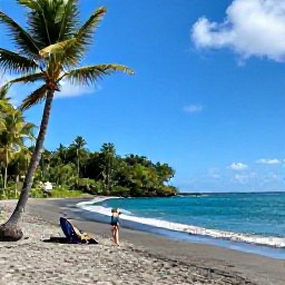Caribbean Holidays, Montserrat Nature Holidays, Peaceful black-sand beach on Montserrat in January, with turquoise sea, palm trees and a visitor enjoying the shoreline