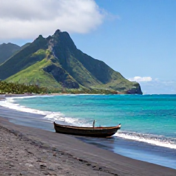 Caribbean Holidays, Montserrat Nature Holidays, Quiet black-sand beach on Montserrat with turquoise Caribbean water, green hills and a small wooden boat