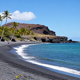 Caribbean Holidays, Montserrat Nature Holidays, Quiet black sand beach on Montserrat with turquoise Caribbean water, palm trees and volcanic cliffs