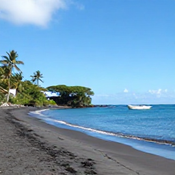 Caribbean Holidays, Montserrat Nature Holidays, Quiet black-sand beach on Montserrat with turquoise Caribbean water, palms and a small fishing boat