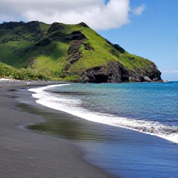 Caribbean Holidays, Montserrat Nature Holidays, Quiet black volcanic sand beach on Montserrat with turquoise water, green hills and a few visitors enjoying the shore