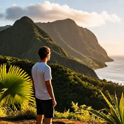 Caribbean Holidays, Montserrat Nature Holidays, Sunset over Montserrat&rsquo;s green mountains and Caribbean coastline, with a relaxed traveller looking across the view