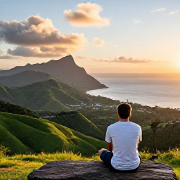 Caribbean Holidays, Montserrat Nature Holidays, Traveller relaxing on a quiet Montserrat viewpoint overlooking green hills and the Caribbean Sea at sunset